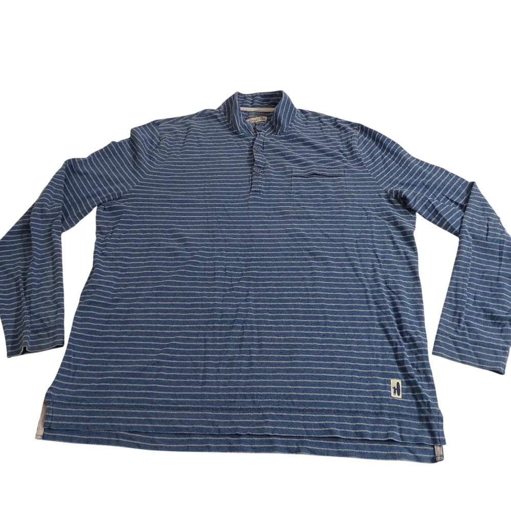 Johnnie-O Hangin Out Blue Striped Long Sleeve Henley Shirt Men Size XL Cotton
